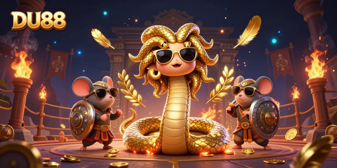 DU88 engages players with a vibrant scene featuring Medusa and a warrior mouse in a dynamic casino setting.