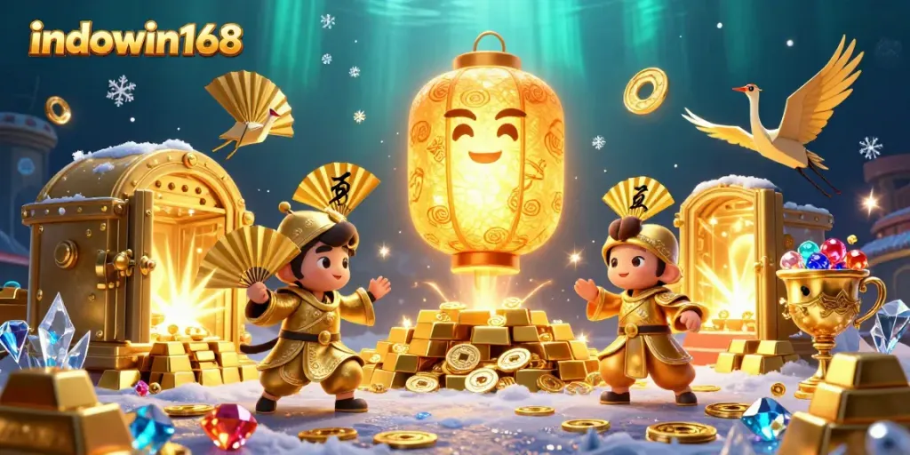 Play exciting games at indowin168 with a captivating casino scene full of treasures and animated characters.