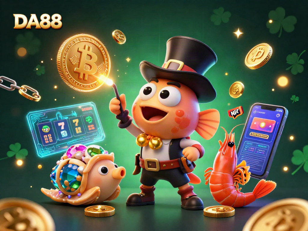 Engage with DA88's thrilling casino scene featuring a deep-sea anglerfish and treasure-themed characters.