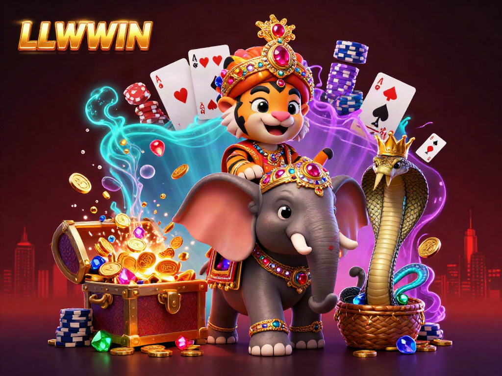 Engaging LLWWIN scene depicts a maharaja tiger, jewel-encrusted elephant, and a cobra among floating poker cards and gold.