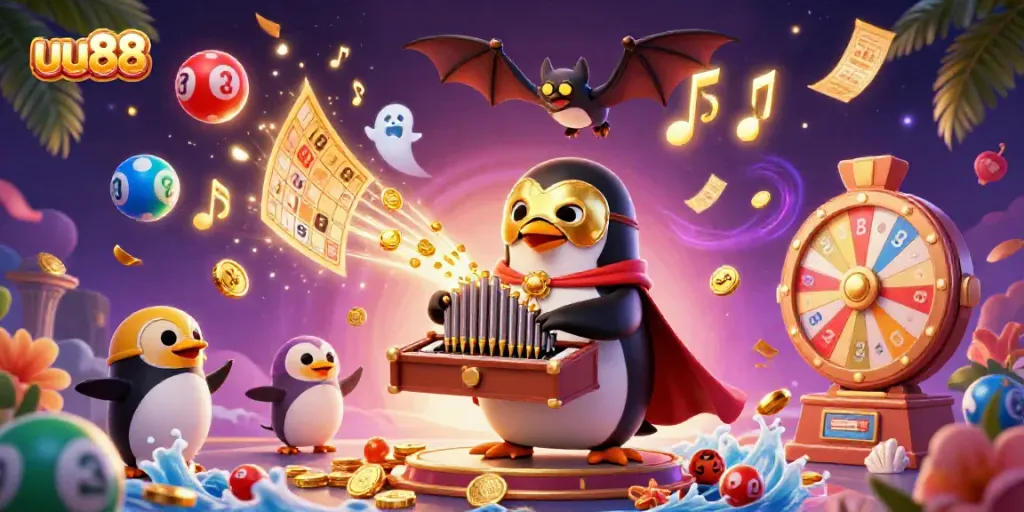 Experience the thrills of uu88 through vibrant casino visuals with coins and lottery elements.