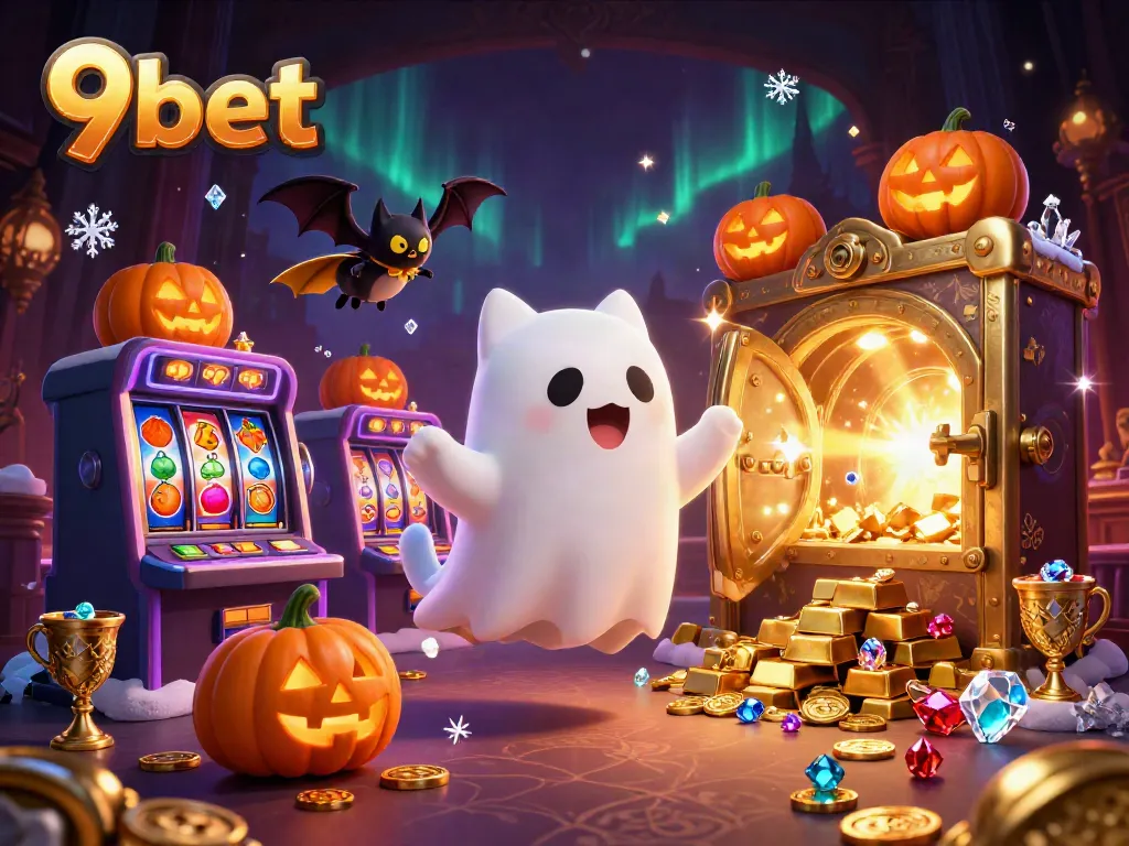 Immerse in the 9bet casino adventure as friendly ghost cat and bat explore a vibrant haunted casino