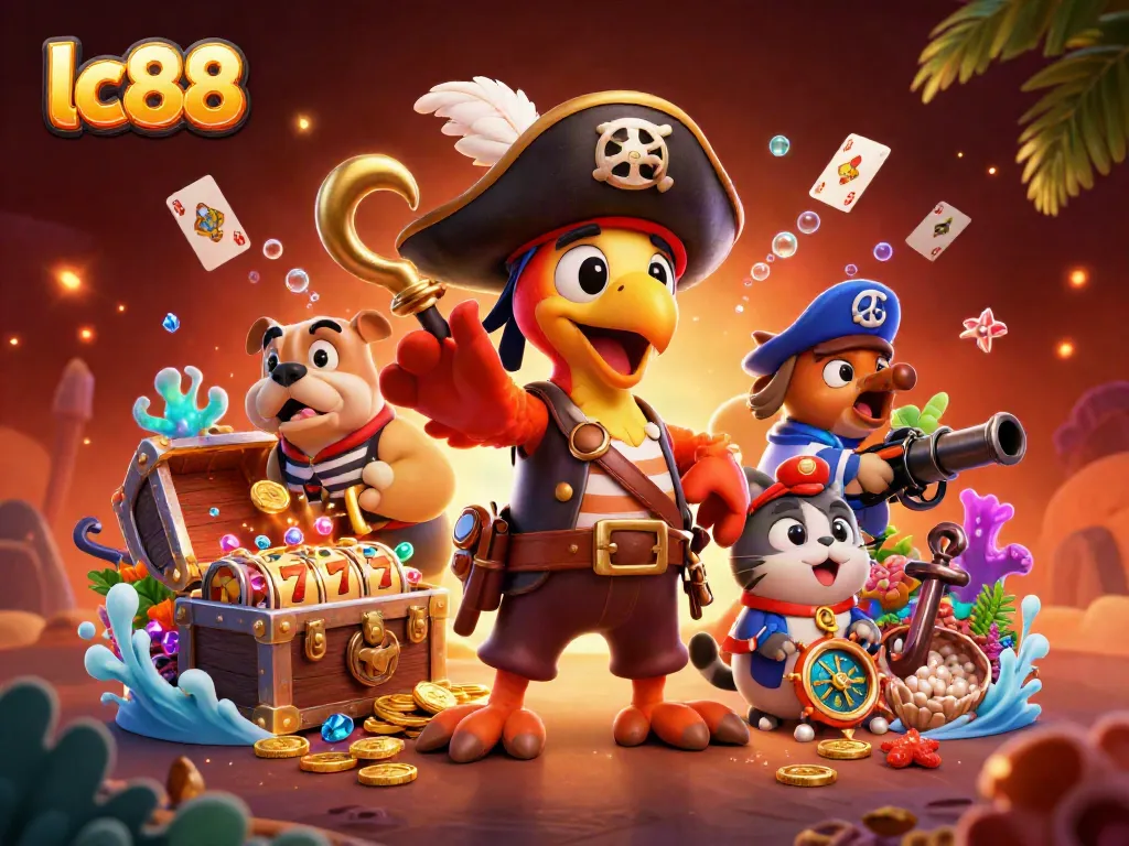 Engaging lc88 casino scene with a pirate captain and dog betting at a slot machine.