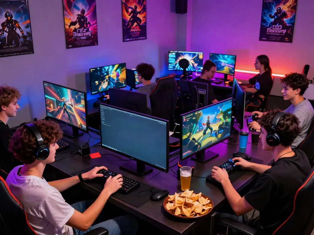 Kilat404 gaming lounge with friends enjoying multiplayer games together.
