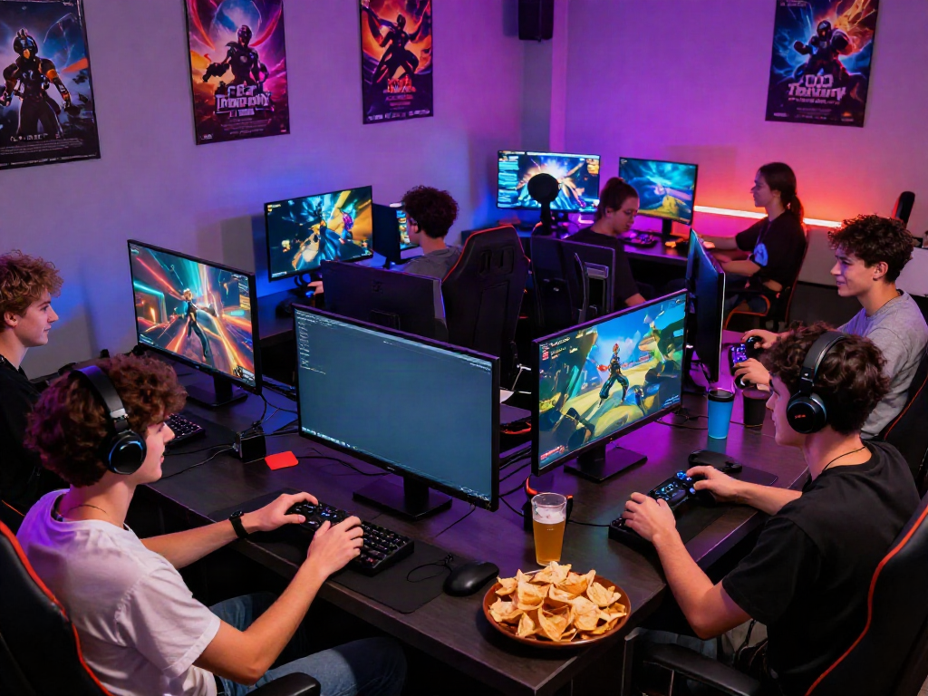 Kilat404 gaming lounge with friends enjoying multiplayer games together.