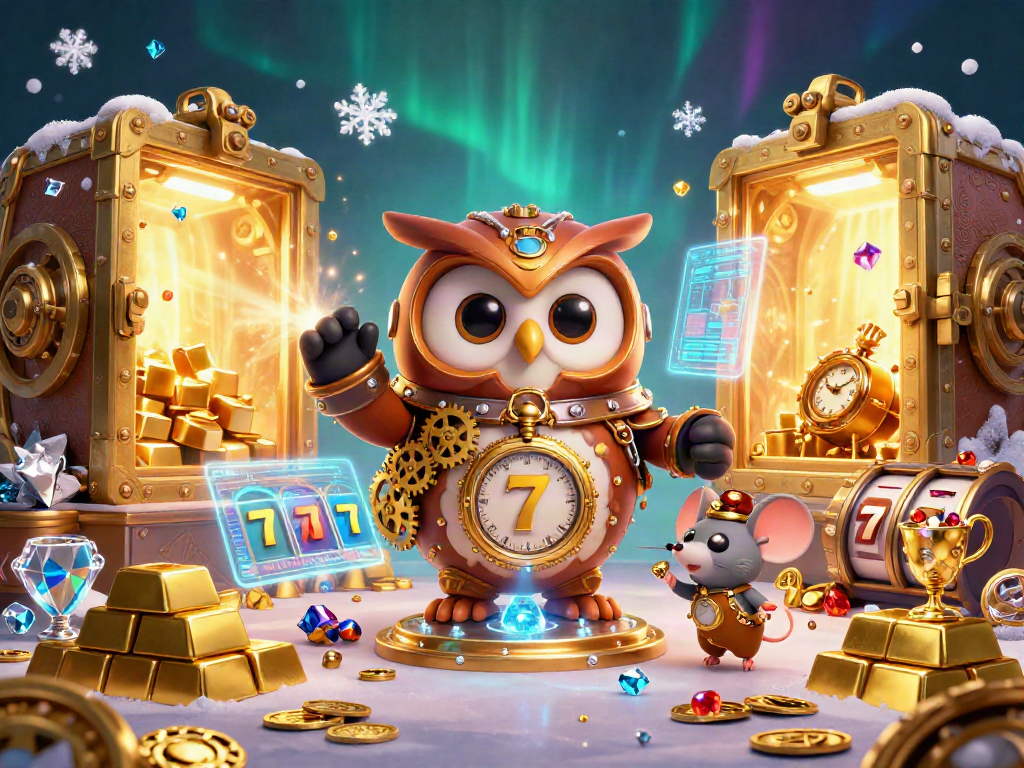 Hitclub showcases a vibrant gambling scene with a time-traveler owl and steampunk elements amid a cascade of treasures.