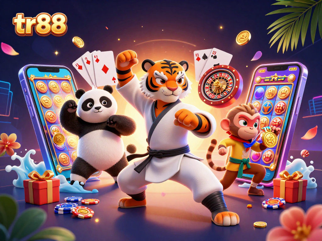 Experience the thrill of tr88 with a cartoon tiger master, panda student, and monkey stealing coins.