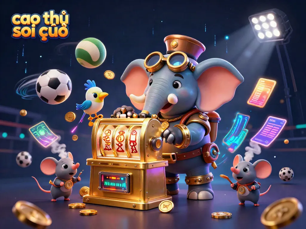 Cao thủ soi cầu themed 3D illustration showcasing a steampunk elephant engineer operating a golden slot machine amidst sports elements.
