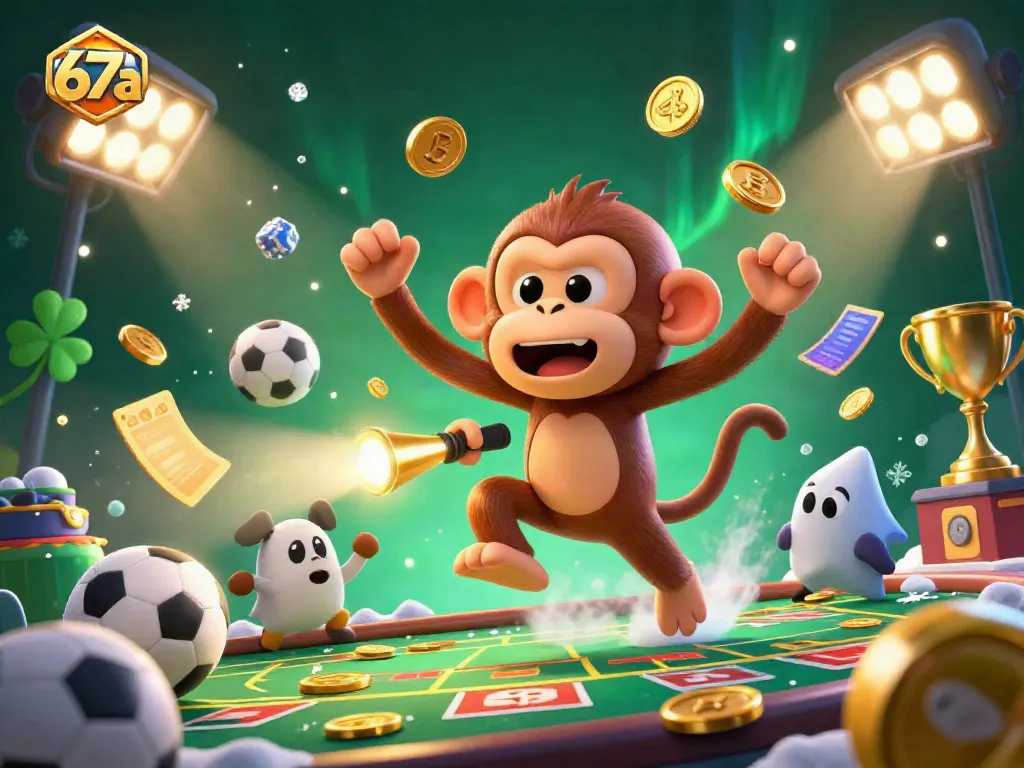 Experience thrilling gaming at 67a with a lively casino scene featuring a poltergeist monkey and ghost-hunter puppy.