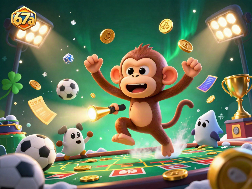 Experience thrilling gaming at 67a with a lively casino scene featuring a poltergeist monkey and ghost-hunter puppy.