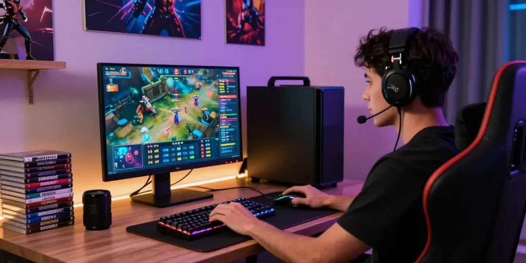 Pengalaman bermain wismabet di ruang gaming modern dengan peralatan gaming lengkap.