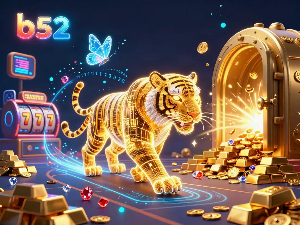 Experience b52 casino excitement with a vibrant scene filled with an energetic golden tiger and dazzling treasure.
