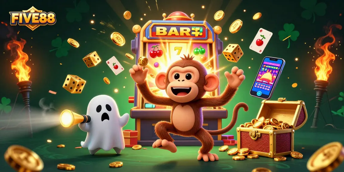 Experience the thrill of FIVE88 with a lively 3D illustration of a poltergeist monkey juggling casino treasures.