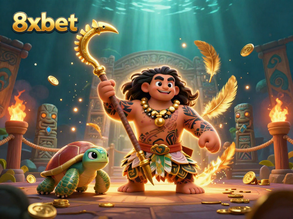 8xbet brings thrilling casino action, featuring a Polynesian demigod and turtle in a vibrant gaming scene.