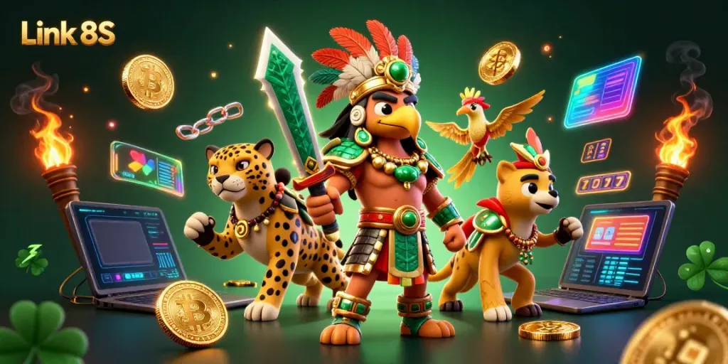 Slot-themed adventure with Link 8S featuring Aztec warriors and crypto elements, capturing vibrant energy.