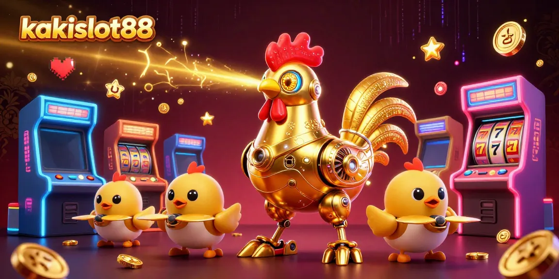 Rasakan keseruan bermain kakislot88 dengan robot emas futuristik dan mesin arcade bercahaya.