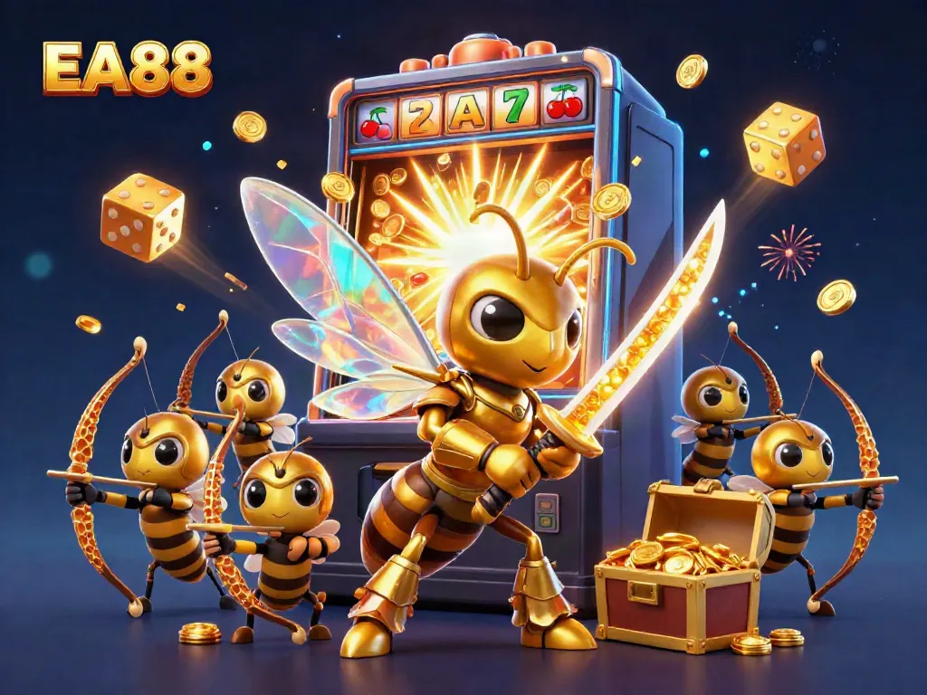 Experience thrilling wins at EA88 with a dynamic 3D illustration showcasing golden samurai hornet and casino elements.