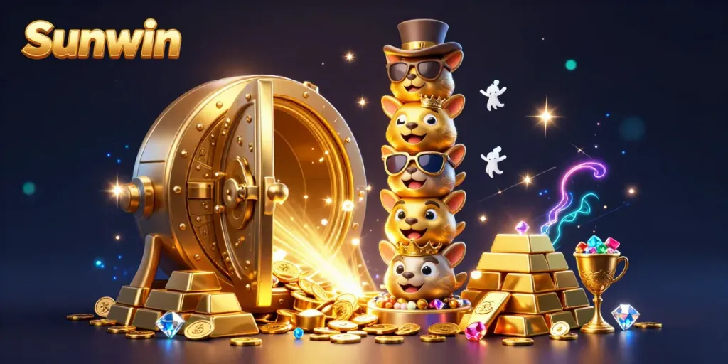 Experience the vibrant energy of Sunwin's casino with dynamic golden treasures and animated totem characters.