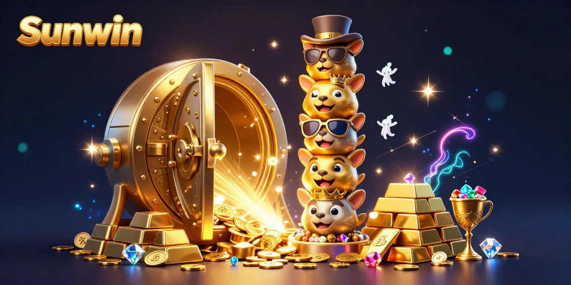 Experience the vibrant energy of Sunwin's casino with dynamic golden treasures and animated totem characters.