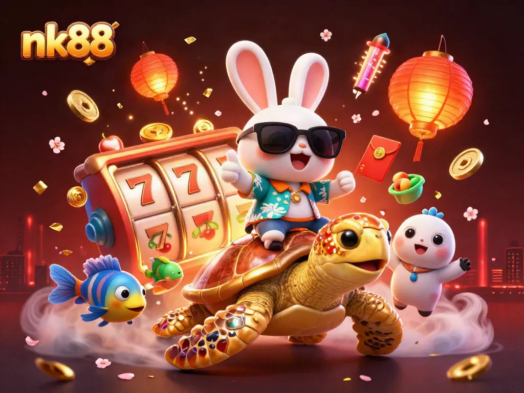 Engage with nk88's thrilling slot action featuring a lucky rabbit, golden turtle, and vibrant game elements.