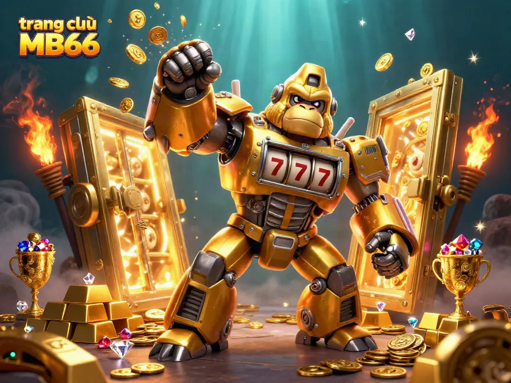 Experience the thrilling world of trang chủ MB66 with a dynamic casino scene featuring a golden gorilla mech.