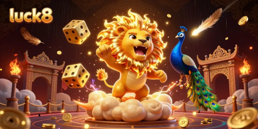 Engage in thrilling action with luck8 as a lion roars amidst dynamic gambling elements and golden dice.