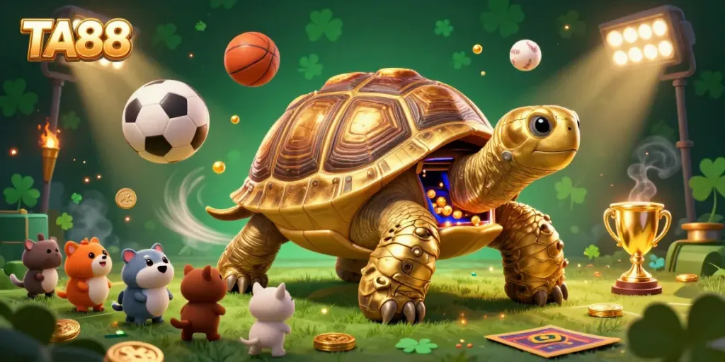 Experience the excitement of TA88's vibrant gaming atmosphere with a dynamic illustration of a golden tortoise pinball machine.