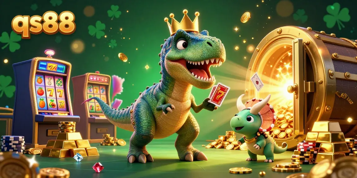 Experience an exciting qs88 casino with friendly dinosaurs shuffling cards and stacking chips in a vibrant scene.