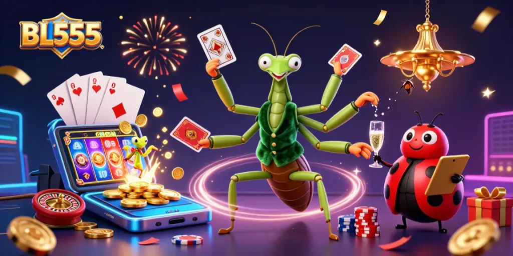 Engage in the excitement of BL555 with a lively casino scene featuring a giant mantis, ladybug pit boss, and vibrant game elements.