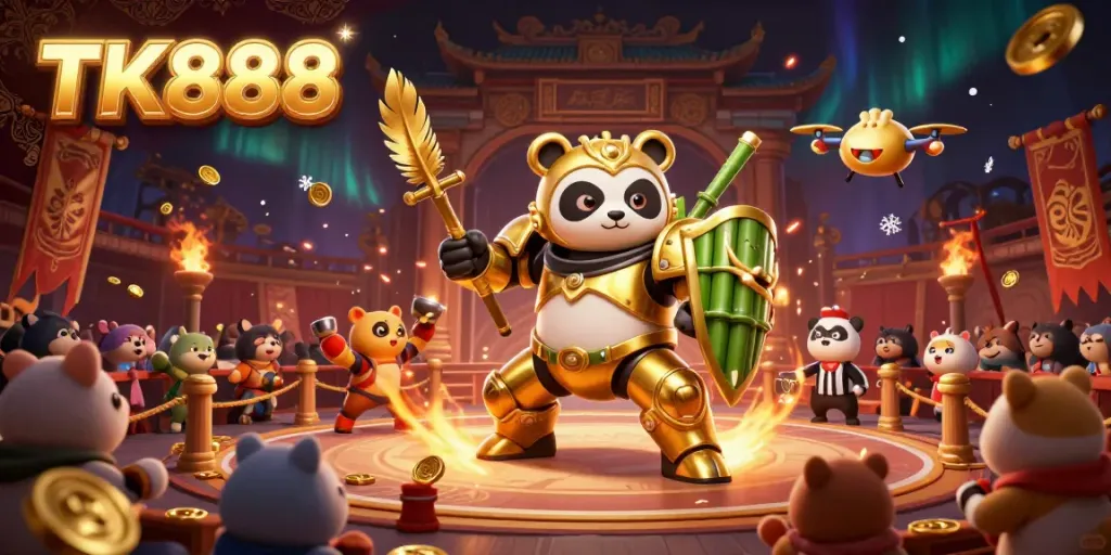 Experience the excitement of TK888 with a golden panda pilot in a vibrant casino arena.