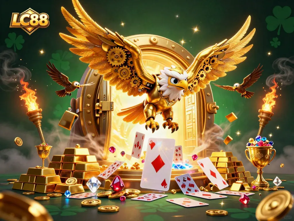 LC88 showcases a 3D cybernetic eagle diving among holographic playing cards, emphasizing casino excitement.