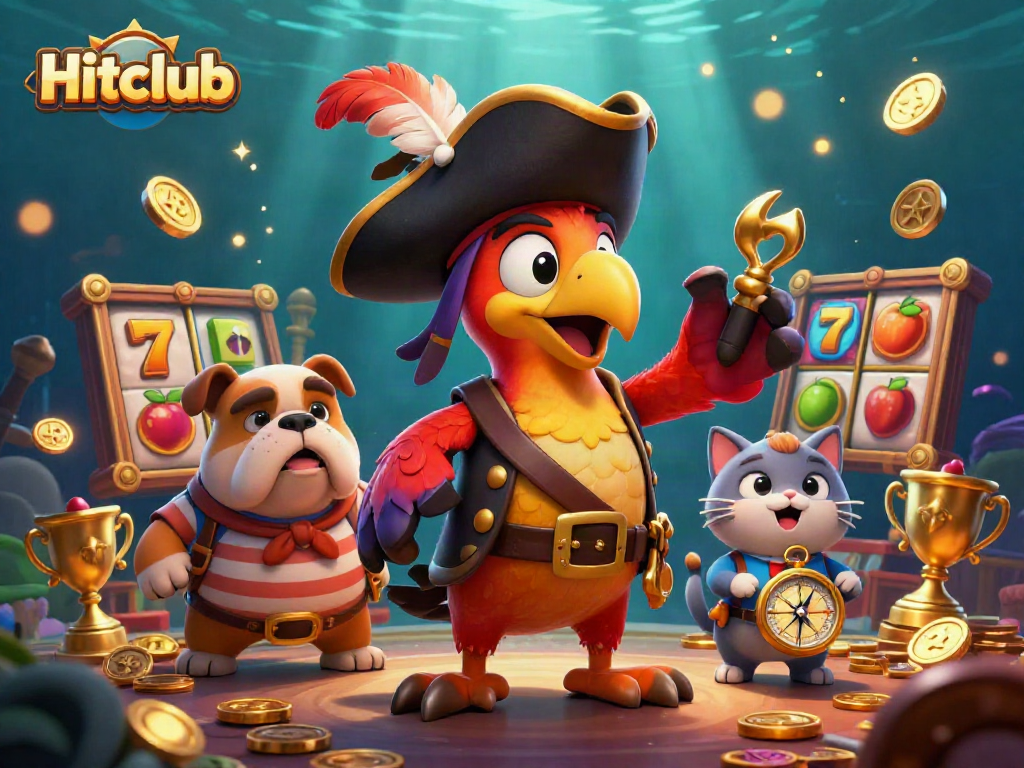 Engage with Hitclub's thrilling adventures featuring a pirate parrot captain and dynamic casino symbols.
