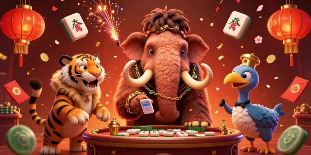 Ubin Mahjong bersinar dikelilingi mammoth dan harimau di kasino megah.