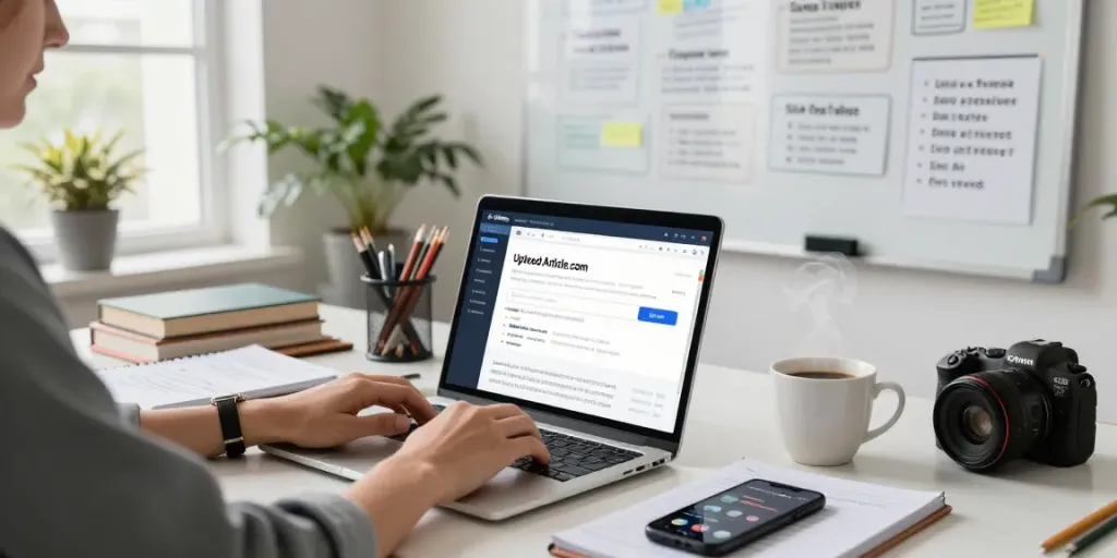 Author writing on UploadArticle.com in a bright office setting with brainstorming ideas around.