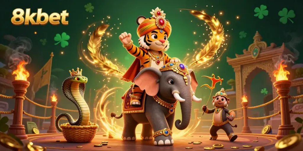 Engage with 8xbet in a lively 3D casino scene featuring a majestic maharaja tiger and jewel-encrusted elements.