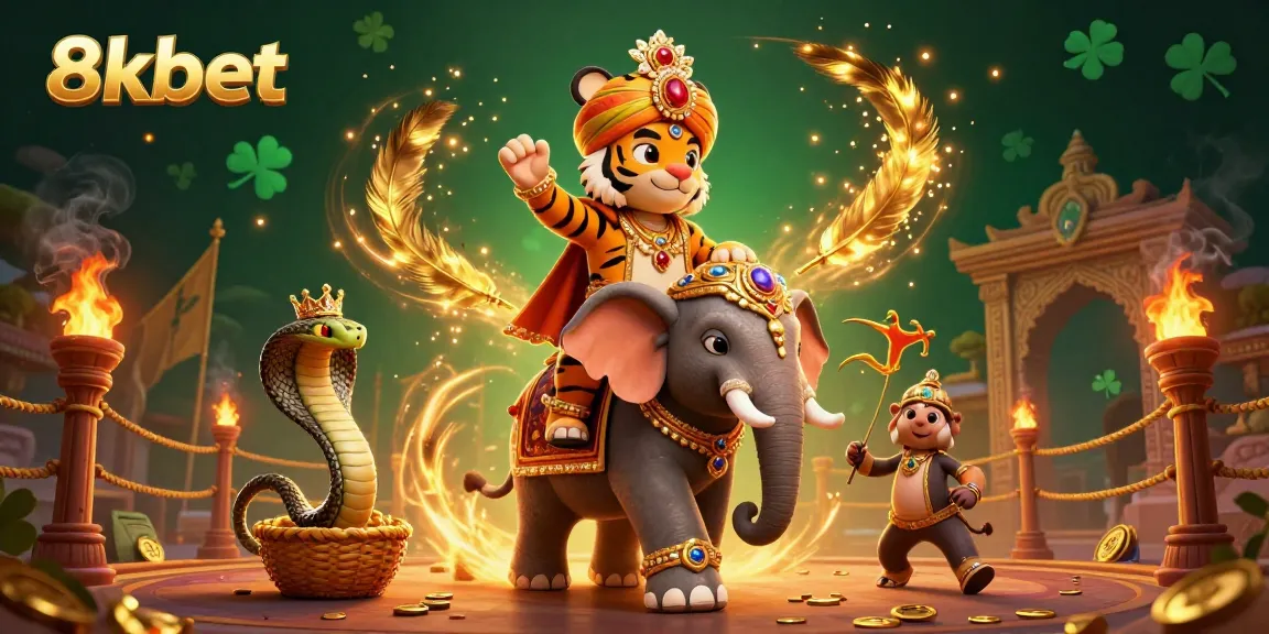 Engage with 8xbet in a lively 3D casino scene featuring a majestic maharaja tiger and jewel-encrusted elements.