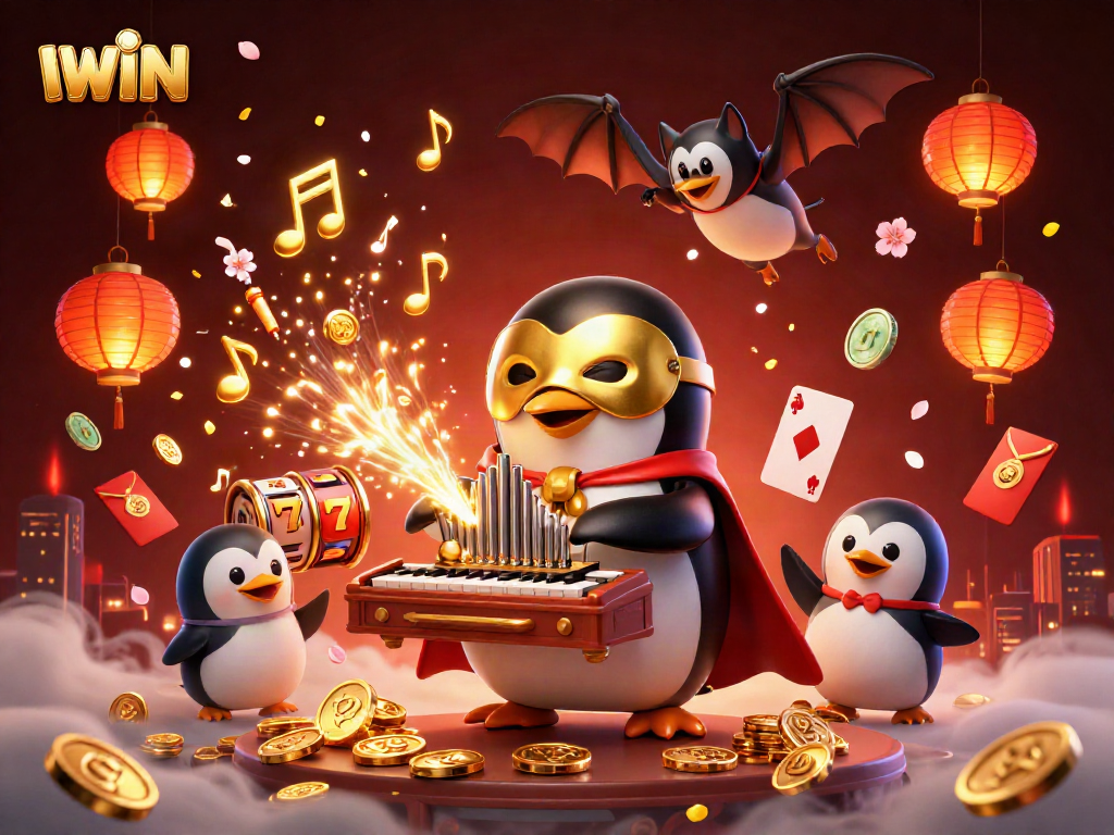 Experience gaming excitement with IWIN as the penguin plays an organ spewing coins in this vibrant casino illustration.