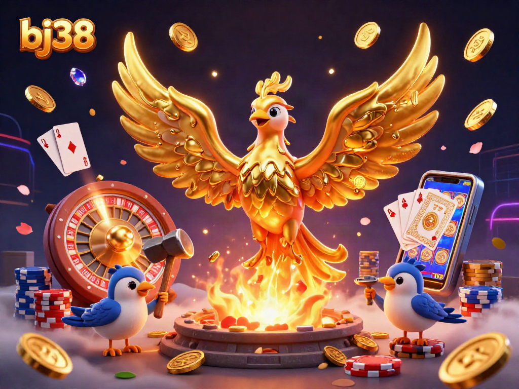 Experience the thrill of bj38's online casino with a vibrant 3D illustration showcasing dynamic gaming elements.