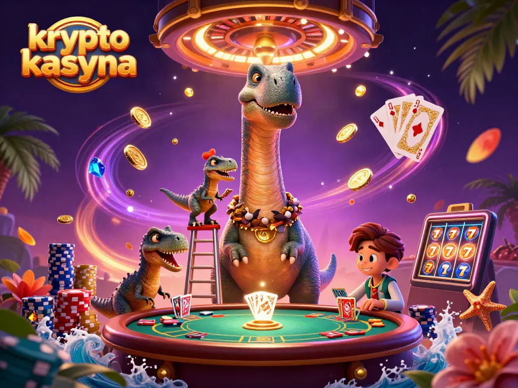 Engage in thrilling krypto kasyna action amid a vibrant 3D casino scene featuring cartoon dinosaurs.