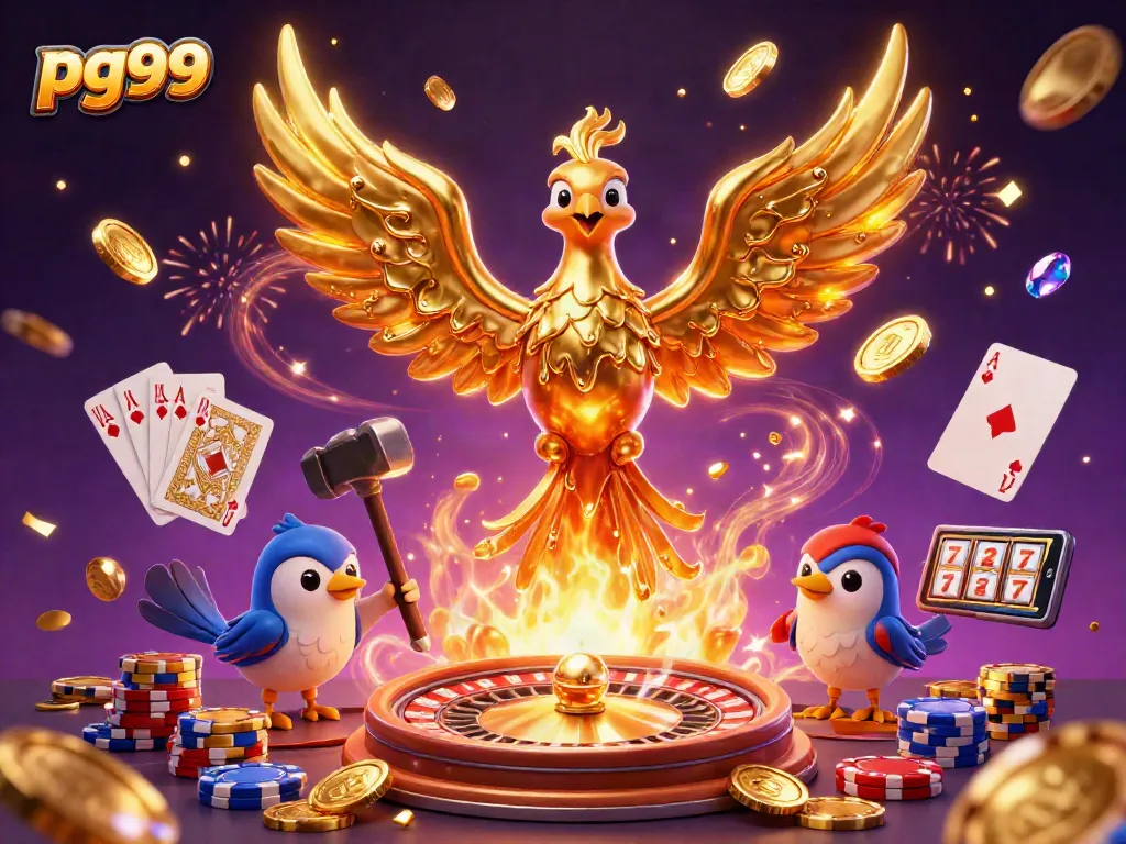 pg99's golden phoenix rises, surrounded by coins, chips, and dazzling casino elements.