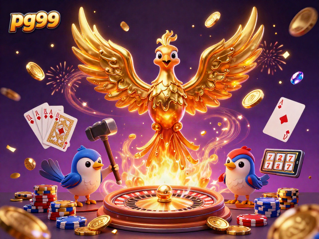 pg99's golden phoenix rises, surrounded by coins, chips, and dazzling casino elements.