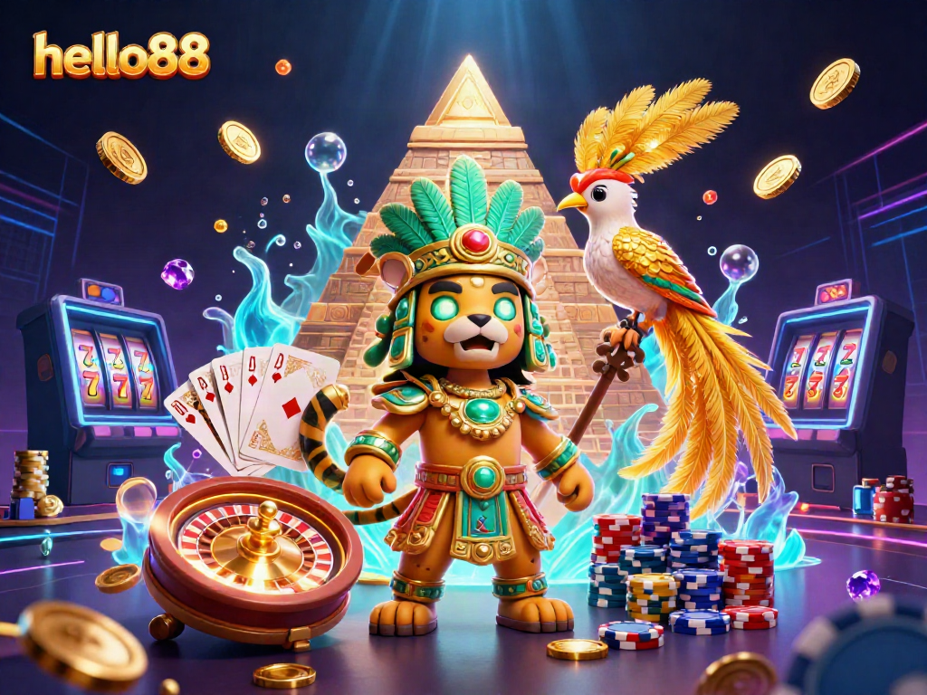 Experience the excitement of hello88 with vibrant slots and casino elements in a captivating scene.