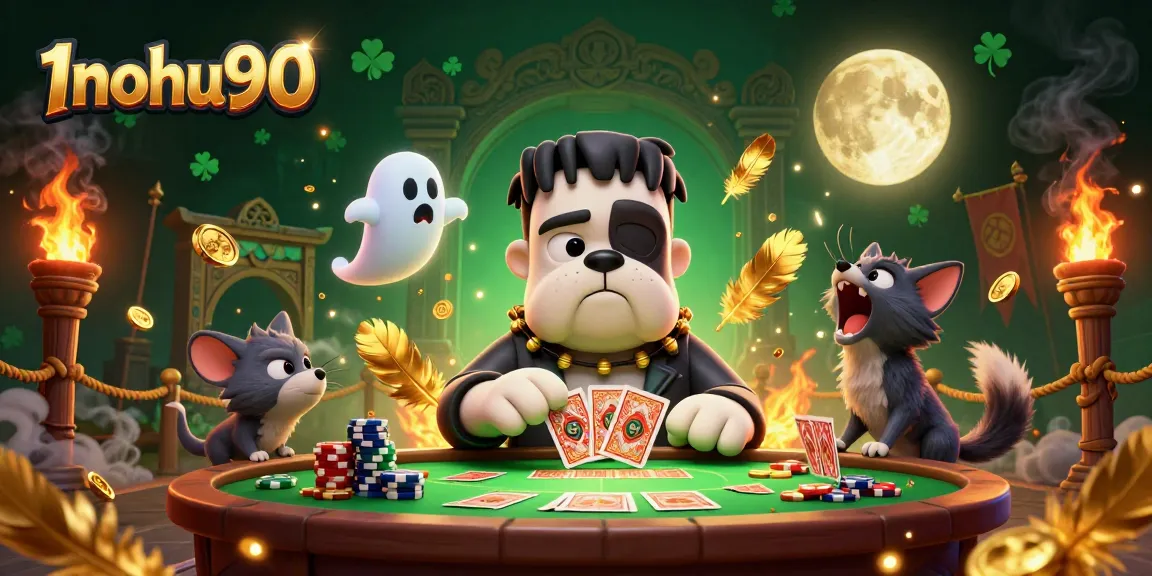 Engage in thrilling card games at 1nohu90, featuring unique characters in a vibrant casino setting.