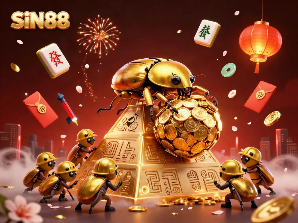 SIN88 captures exciting online gambling with golden beetles and casino symbols amid vibrant elements.