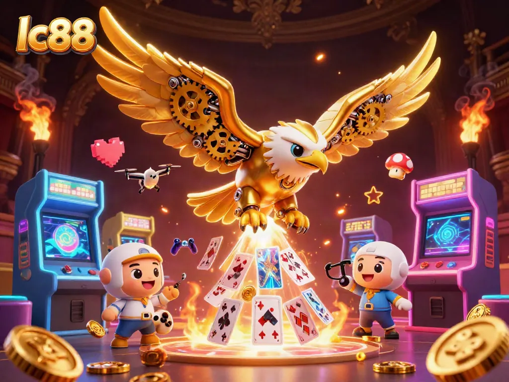 Experience immersive gaming with lc88: 3D golden eagle surrounded by casino elements.