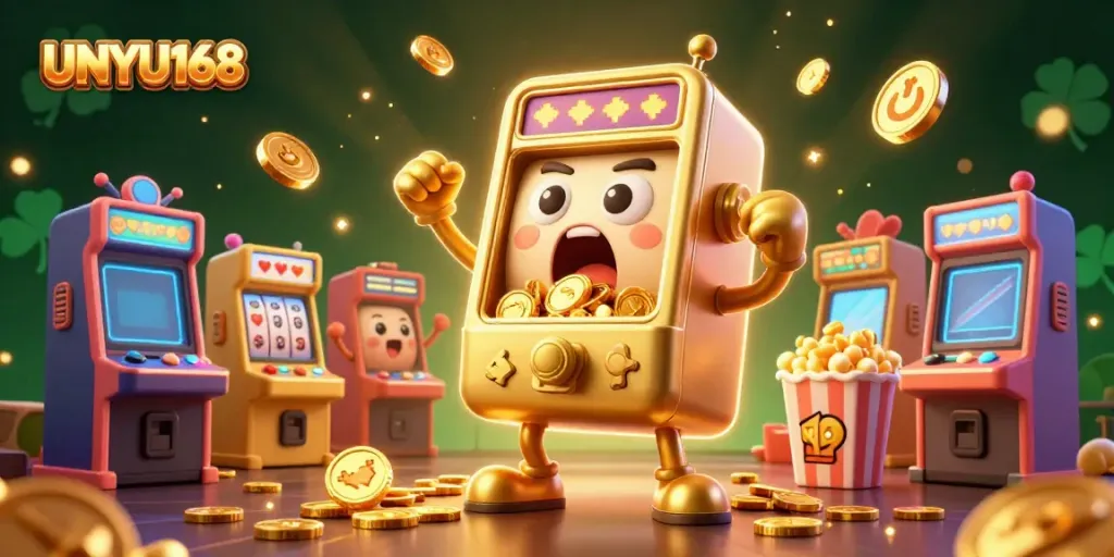 Mesin slot emas UNYU168 momen jackpot dengan koin meluncur, suasana meriah.