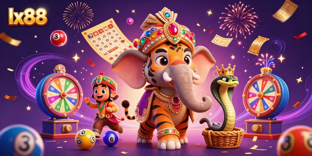 Experience the thrilling world of lx88 with a vibrant digital casino scene featuring a maharaja tiger and elephant.