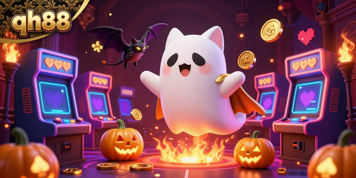 Experience exhilarating gaming at qh88 with a ghost cat floating through a haunted casino, surrounded by glowing arcade machines.