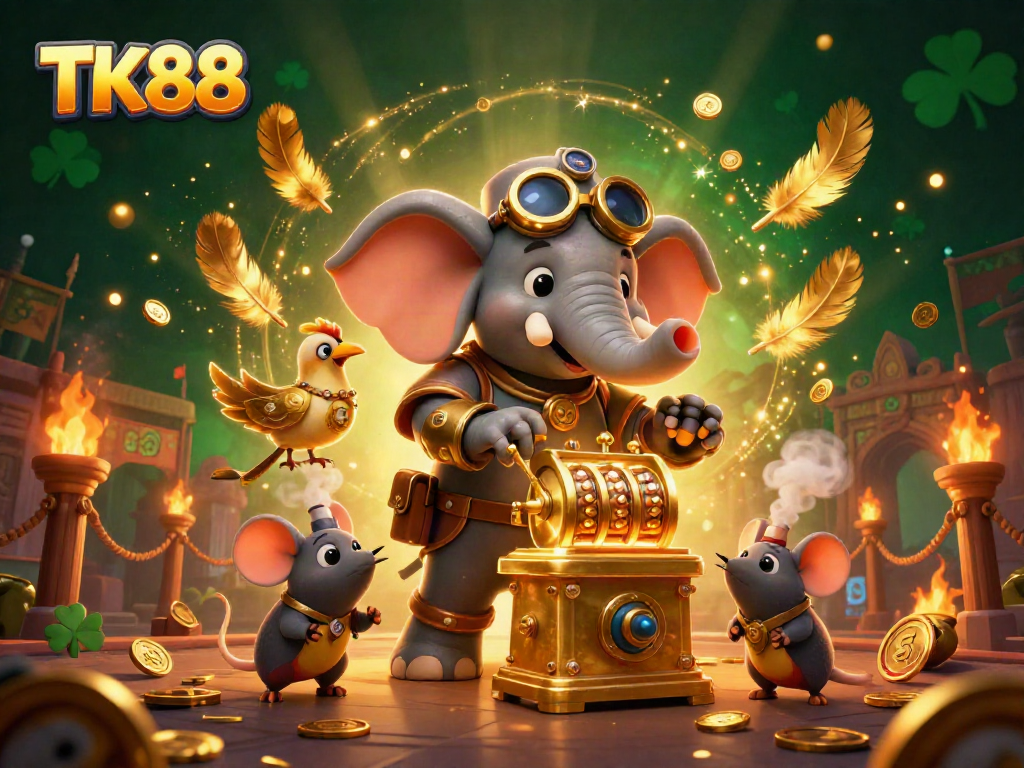 Spin the reels with TK88 at a vibrant steampunk-inspired casino scene showcasing luck and excitement.