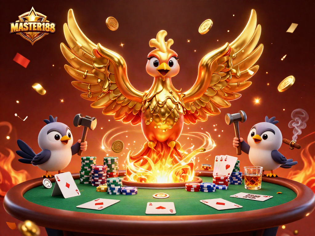 Engage with the excitement of MASTER188 at a vibrant casino scene featuring a golden phoenix and poker elements.
